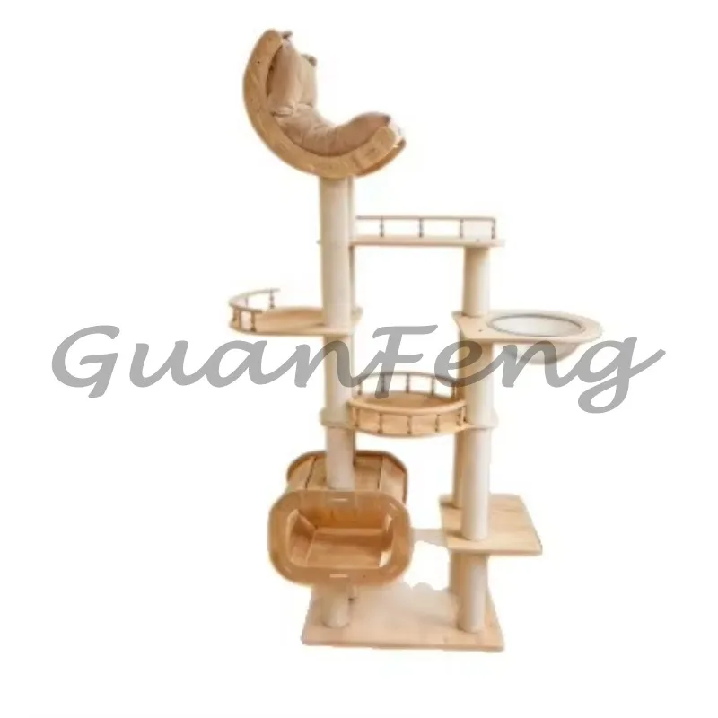 Solid Wood 6-Level Multi-Function Cat Tree with Condo, Space Capsule Design Indoor Cat Climber for Large & Small Cats