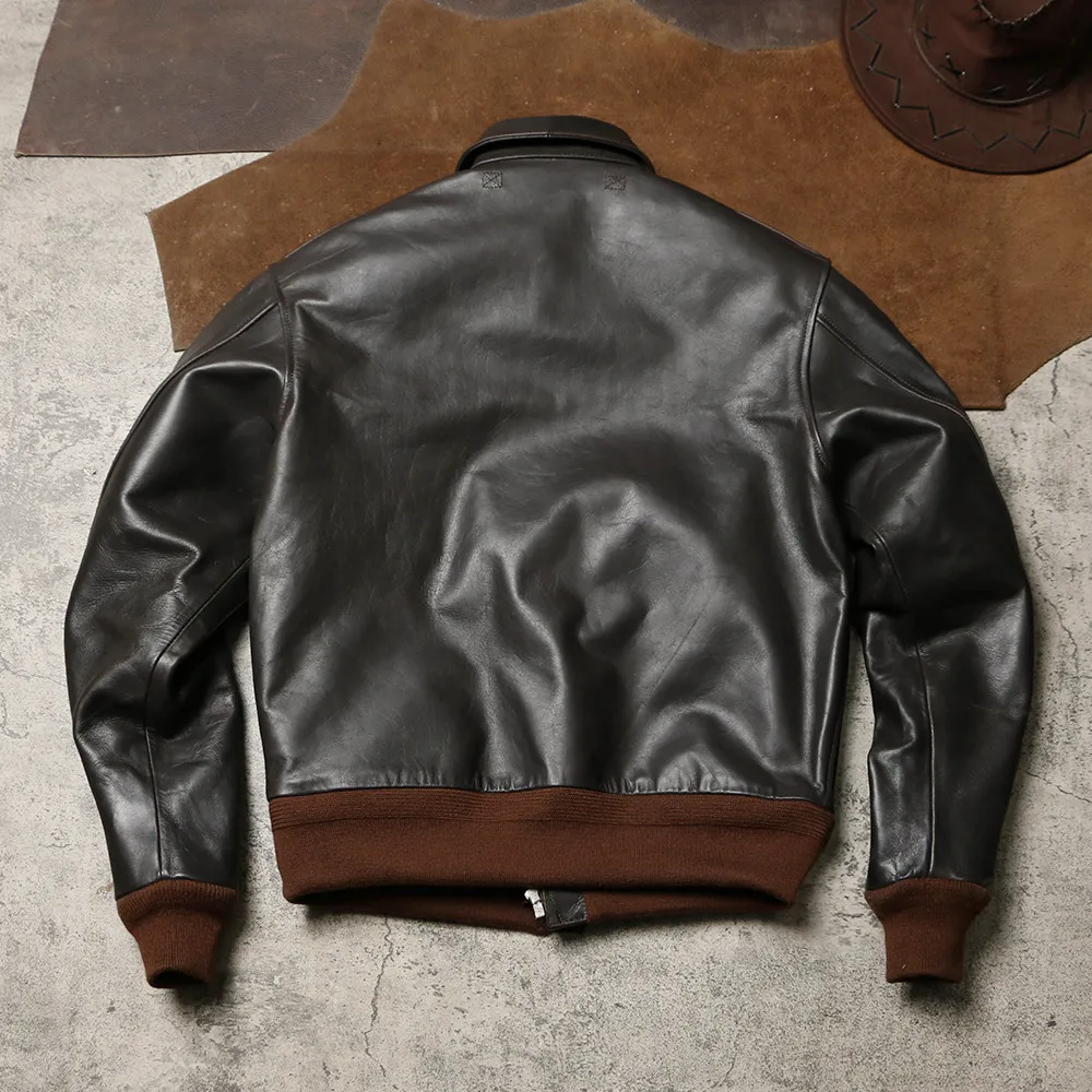 A2 Flight Genuine Leather Jacket, Light Coated Hard Horsehide Lapel Genuine Air Force Pilot Outerwear for Men