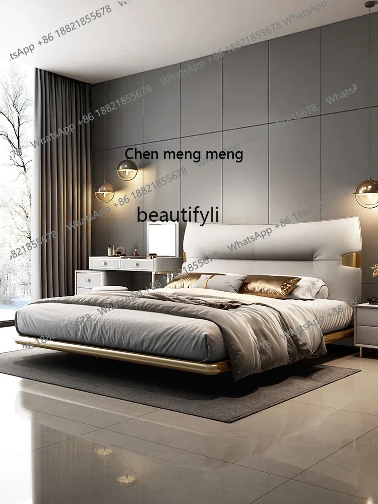 Modern Light Luxury Suspended Hanging Leather Bed Solid Wood Fairy Thin Bedside Edging Primary and Secondary Bedroom Soft Bag