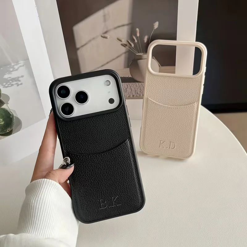 Custom Name Initials Insertable Card Phone Case For iPhone17Air 16 15 14 13 12 Pro Max 16Plus Lichee Leather Hot Embossed Letter