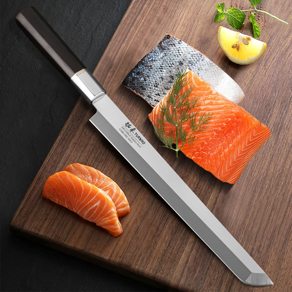 TURWHO 270mm nóż do filetowania X9Cr18MoV noże kuchenne ze stali wysokowęglowej japoński nóż do Sashimi Sushi łosoś z hebanową rączką — zdjęcie 3