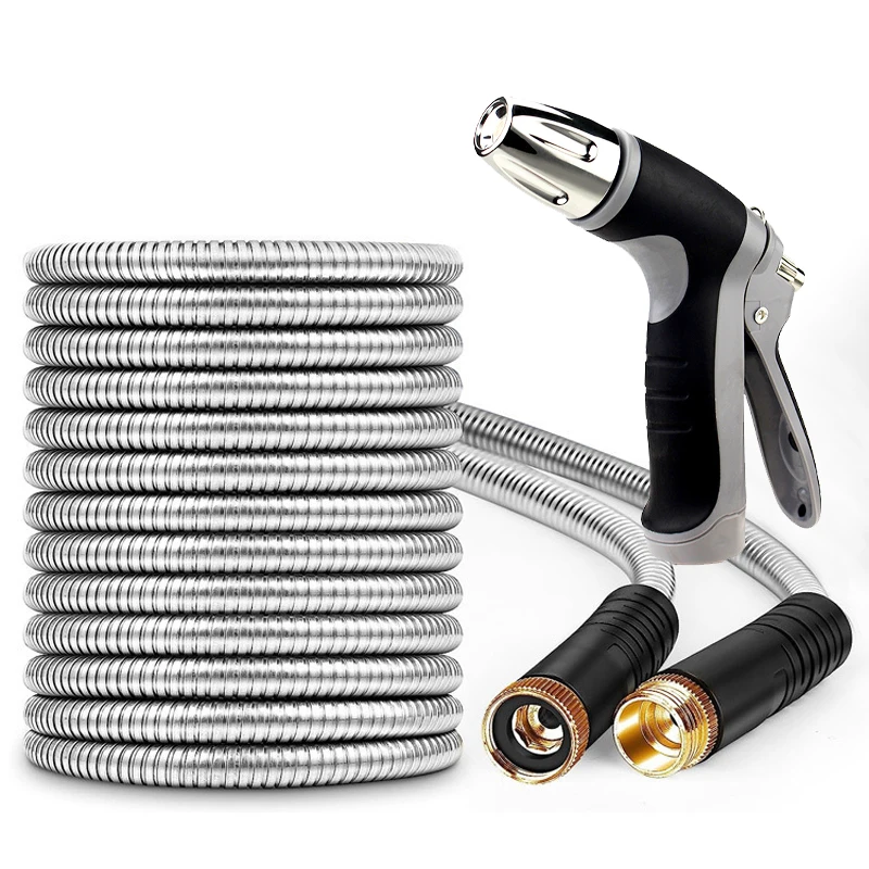 Metal Garden Hose 25 ft, Stainless Steel Metal Garden Hose with Multifunctional Nozzle Flexible Anti-Kink Heavy Duty Water Hose