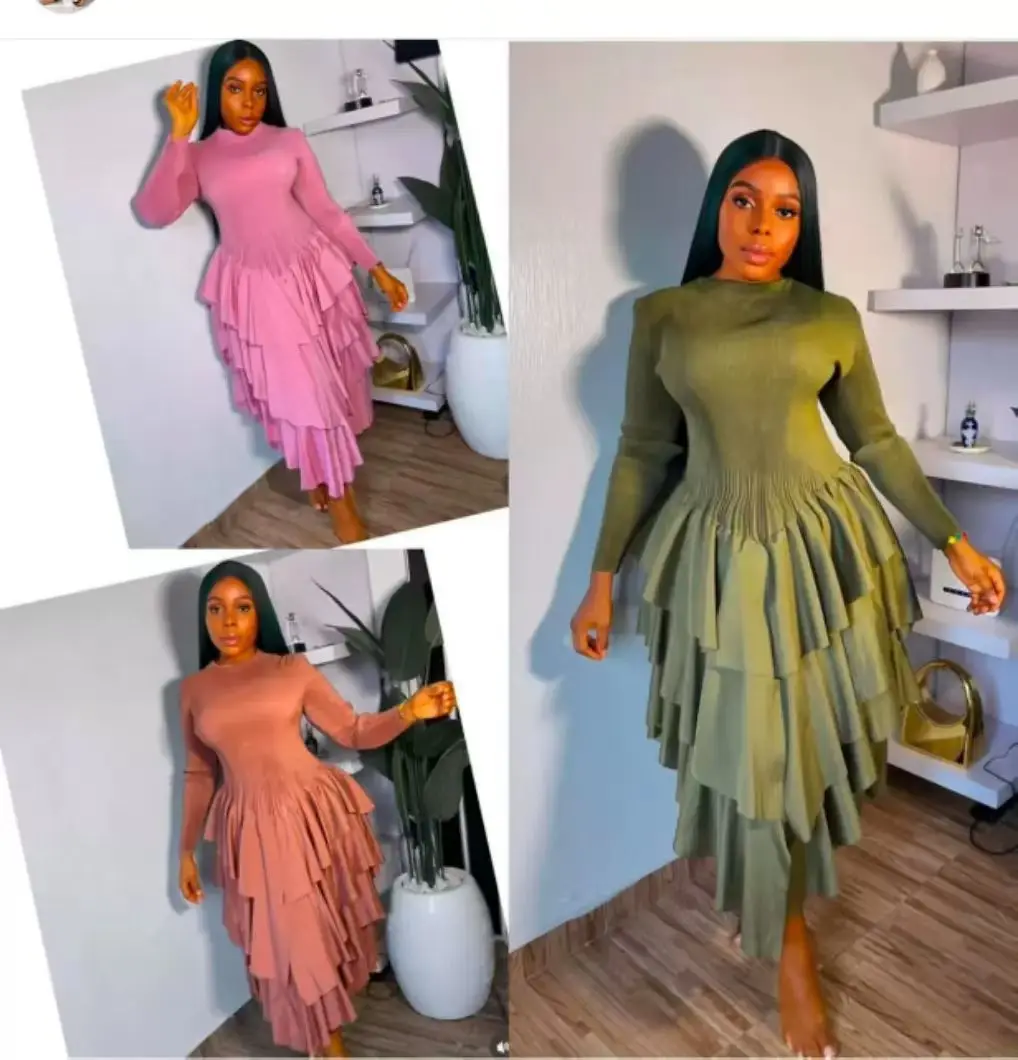 

Miyaki Miyake Pleated Pleated Plus Size Women's Dress Asymmetrical Hem Long-Sleeved Round Neck High Elastic Mid-Length Elegant Casual