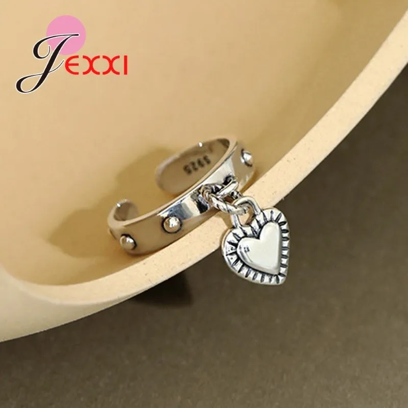 

New Arrival 100% 925 Sterling Silver Adjustable Size Heart Shape Pendant Finger Rings For Women Authentic Jewelry Gift