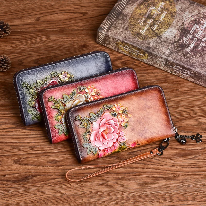 New Retro Women Wallet Genuine Leather Long Zipper Purse Vintage Luxury Handmade Embossed Clutch Bags Card Holder