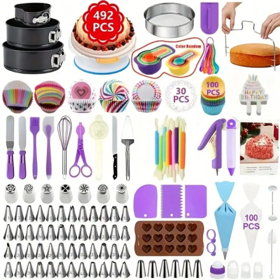 492-Piece Cake Decorating Tools Kit with 3 Springform Pans, Rotating Turntable, Decorating Supplies, and Baking Essentials—Perfe