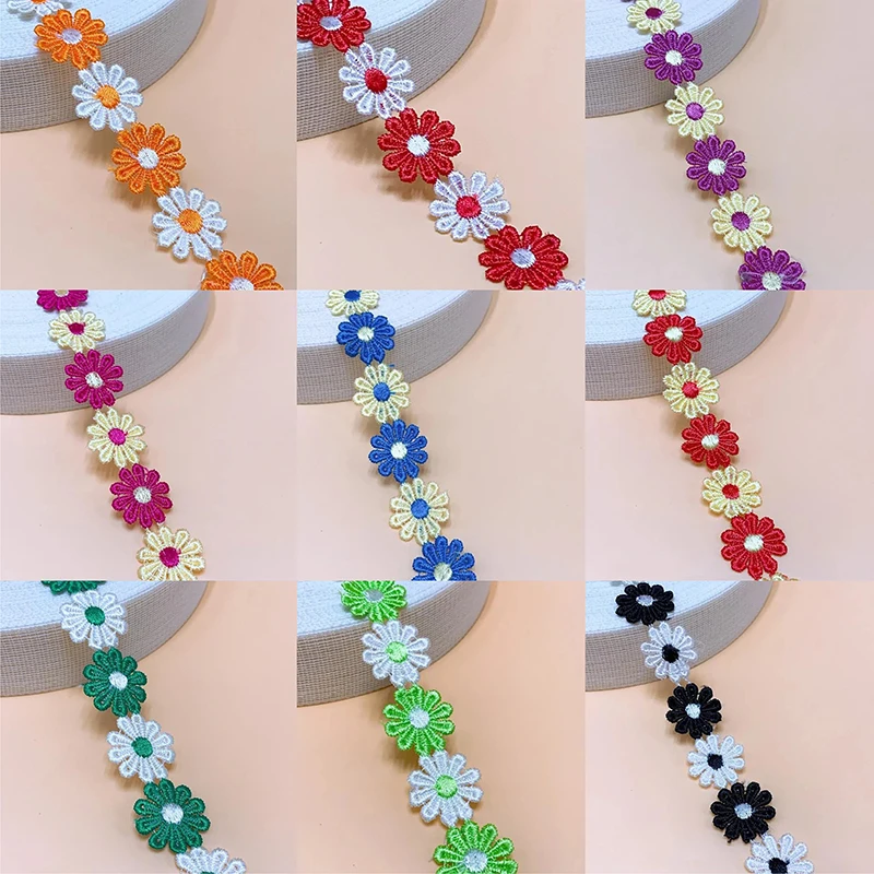 1Yard Colorful Daisy Flower Lace Trim For Knitting Wedding Embroidered Ribbon DIY Handmade Patchwork Sewing Supplies Crafts 25mm