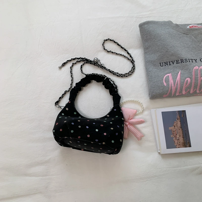 Women Cute Colorful Dot PU Mini Handbag with Plaid Bow Pearl Charm Pastel Colors Adjustable Strap 3-Way Dating Crossbody Purse