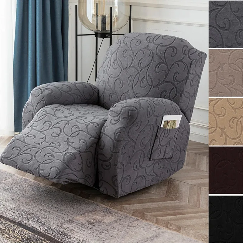 4Pcs/Set Stretch Thickened Hook Flower Texture Jacquard Velvet Recliner Sofa Cover with Pockets Spandex Soft Armchair Sofa Cover