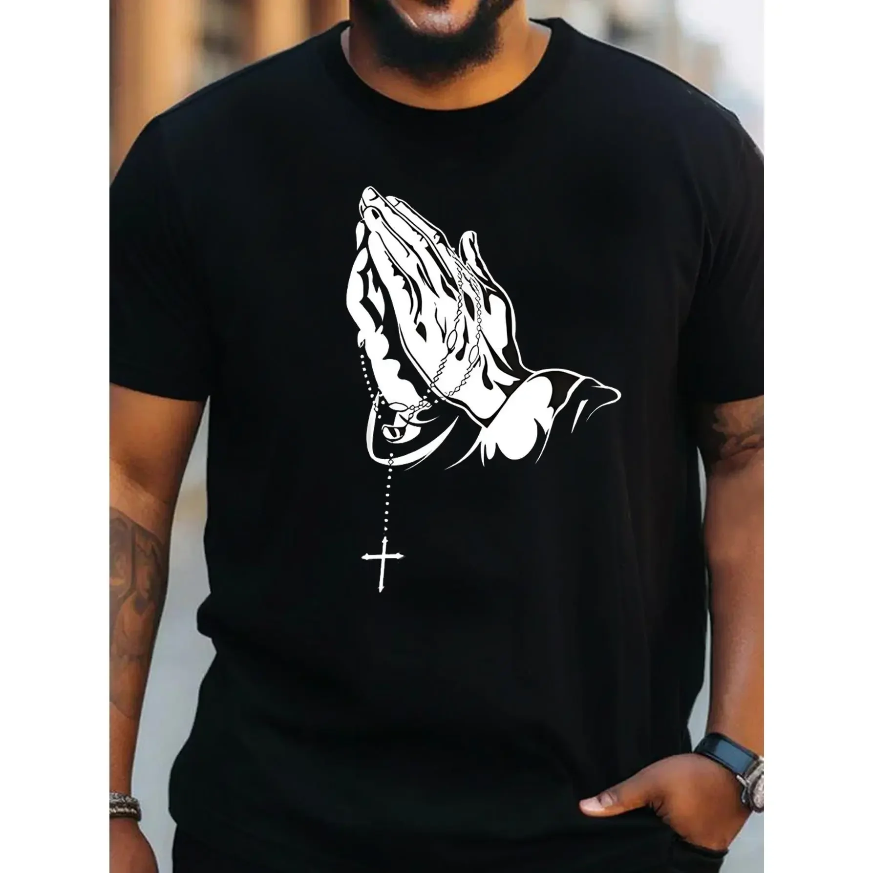 Men's T-Shirt Retro Round Neck Comfortable Loose Casual Versatile Fashion Pattern T-Shirt - Playful Design Outdoor Men's T-Shirt, Comfortable and Breathable, Summer Men's Prayer Gesture Printed T-Shirt, Fashionable Casual Short-Sleeved Men's T-Shirt