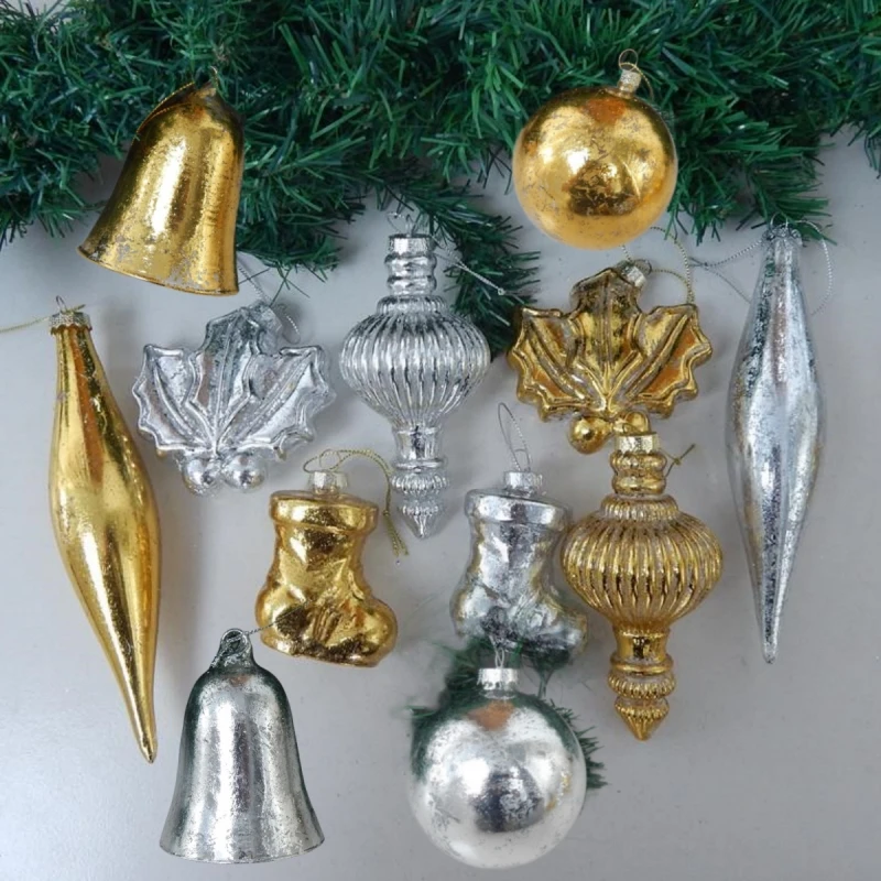 12pcs/pack Gold Silver Series Different Design Glass Pendant Decoration School Wedding Christmas Day Tree Hanging Ornament Gift