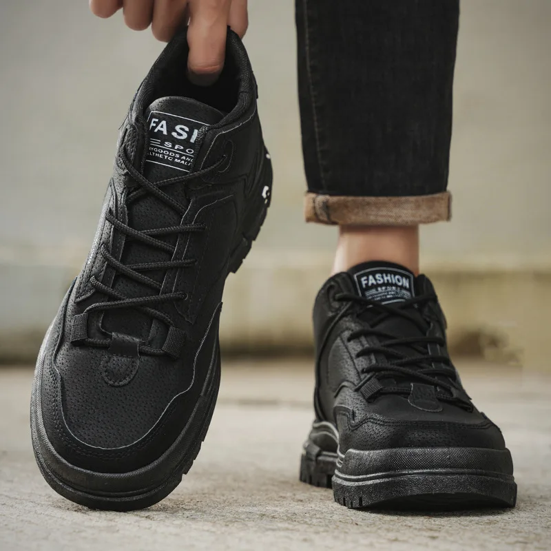 Men's High-Top Waterproof Hiking Shoes Spring Autumn Workwear-Style Casual Sports Thick-Sole Board Outdoor Shoes