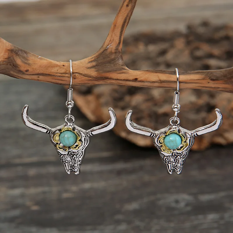 Turquoise Bull Cow Head Horn Danlgle Earrings Dainty Antique Silver Domineering Punk Gemstone Women Earrings