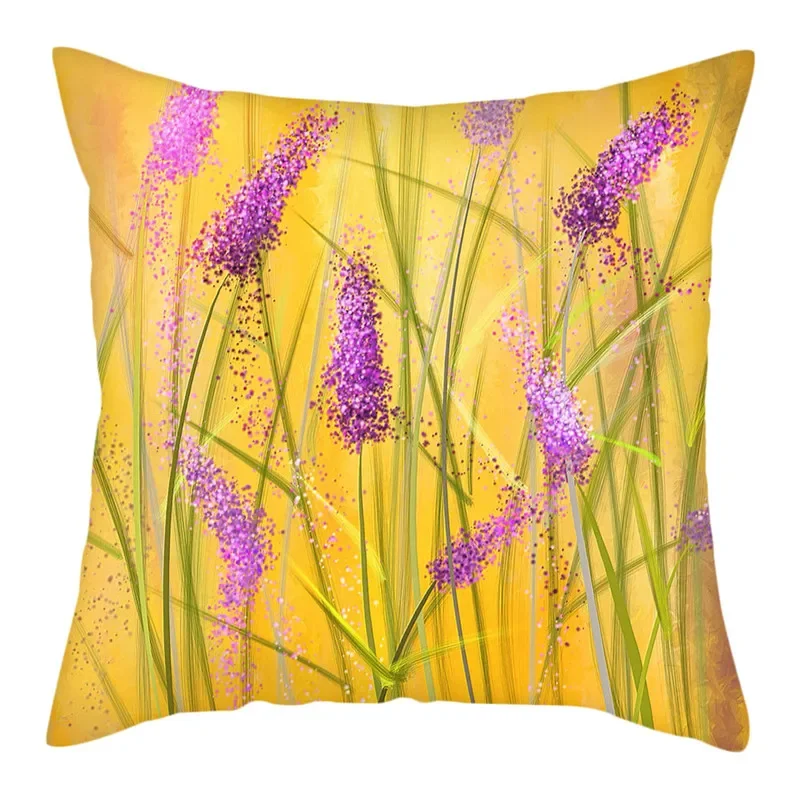 Purple Flower Lavender Polyester Cushion Cover Throw Pillowcase for Sofa Car Chair Living Room Decorative Pillow Cover 45x45cm