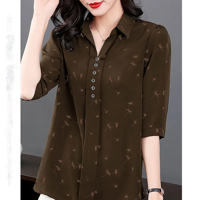 Women Summer Simplicity Fashion Elegant Turn-down Collar Shirts Women Clothes Casual Trend Floral Casual Loose Temperament Tops