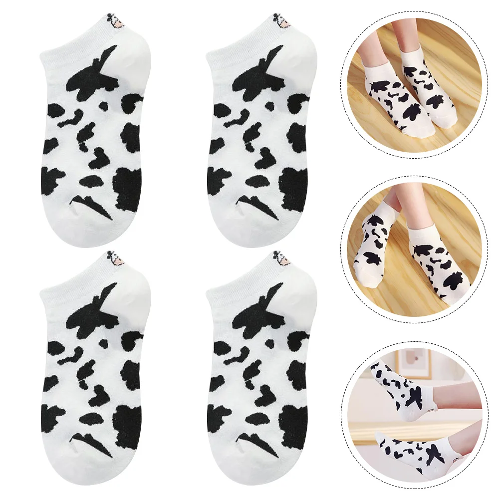 2 Pairs Cow Socks Print Baby Slippers Women for Girl Short Cotton Low Cut Ankle