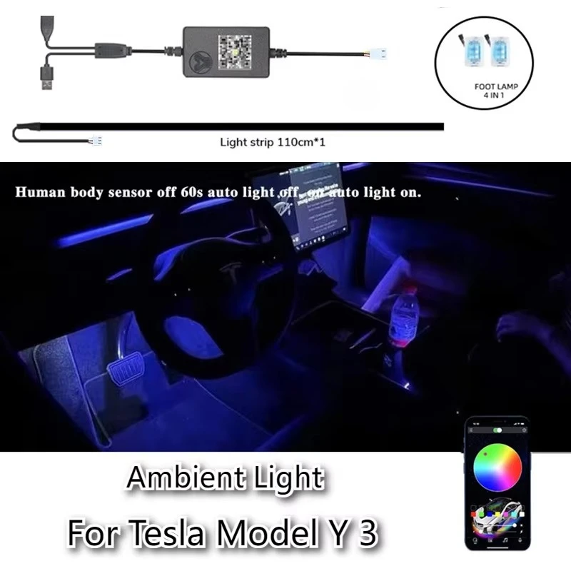 For Tesla Model 3/Y 2 IN 1 Dynamic Neon RGB Car LED Ambient Lighting 60s Automatic OFF Module Dashboard Lighting Decorative Lamp
