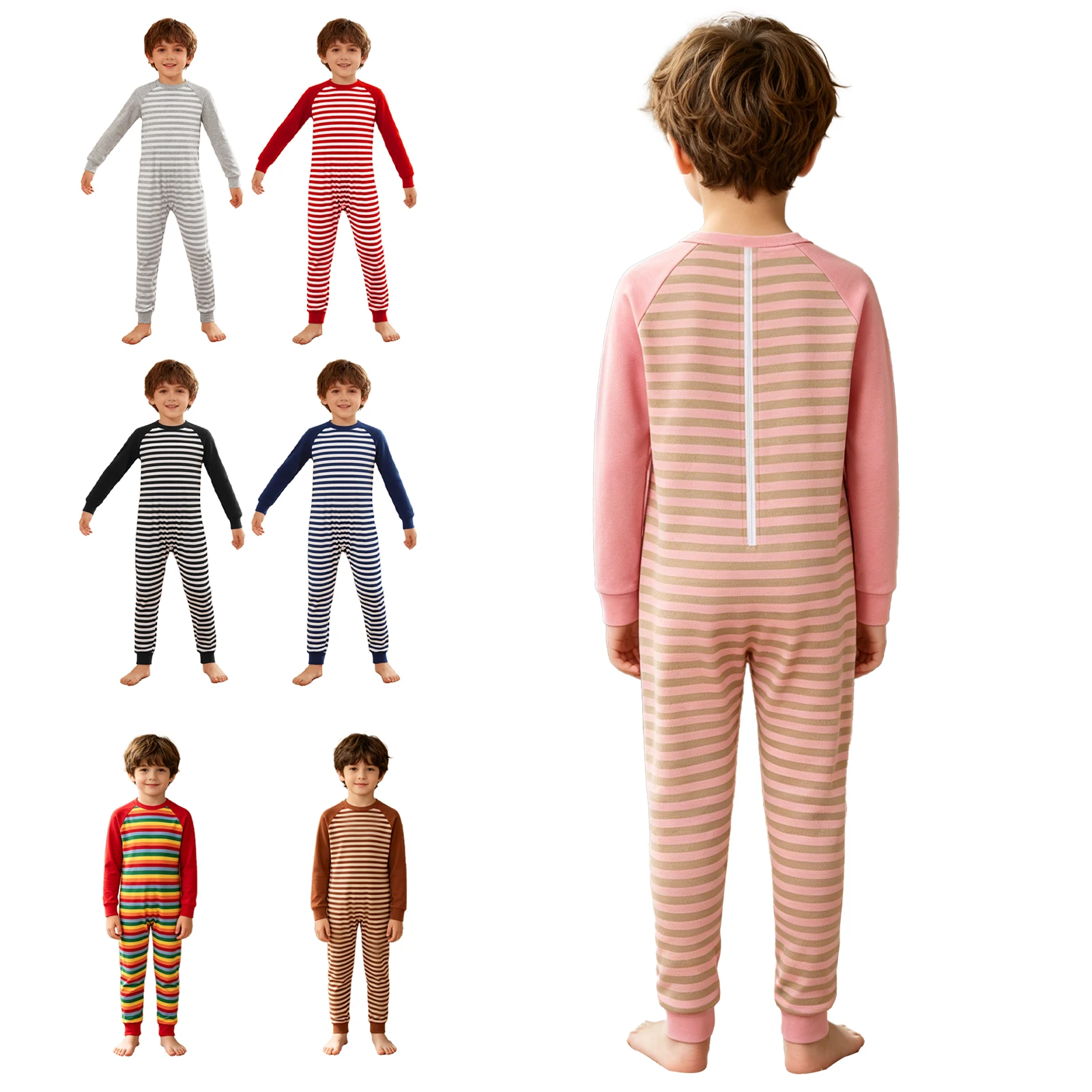 Kids Boys Girls Special Needs Adaptive Clothing O-Neck Long Sleeve Full Length Anti-Strip Zipper Stripes Color Block Jumpsuit 2