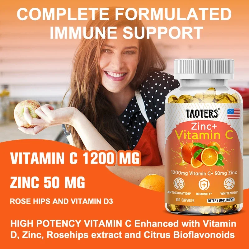 Taoters Vitamine C + Zinksupplement-Hoge Absorptie-Immuunsysteem, Huidgezondheidsvitaminen-Antioxidant Supplement