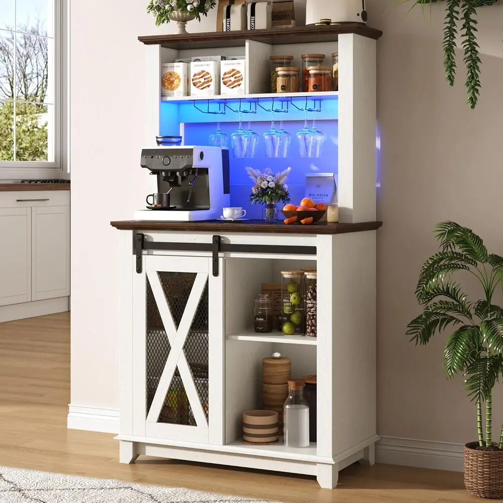 

Wide Armhouse Coffee & Wine Bar Cabinet with LED Light, 2-Hutch Storage, Sliding Barn Door, Antique White