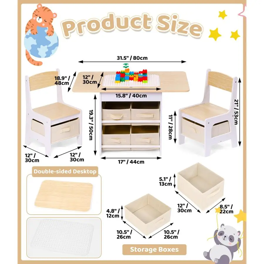 Table and 2 Chairs Set 2in1 Plastic Building BlocksCompatible Activity, with 6 Storage Bins Boxes, Childrens Furniture, Gift for