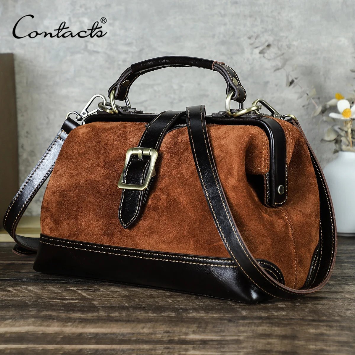 CONTACT'S Genuine Suede Leather Handbag for Women Sling Shoulder Bag Metal Frame Crossbody Bag Tote Doctor Bags Office Ladies