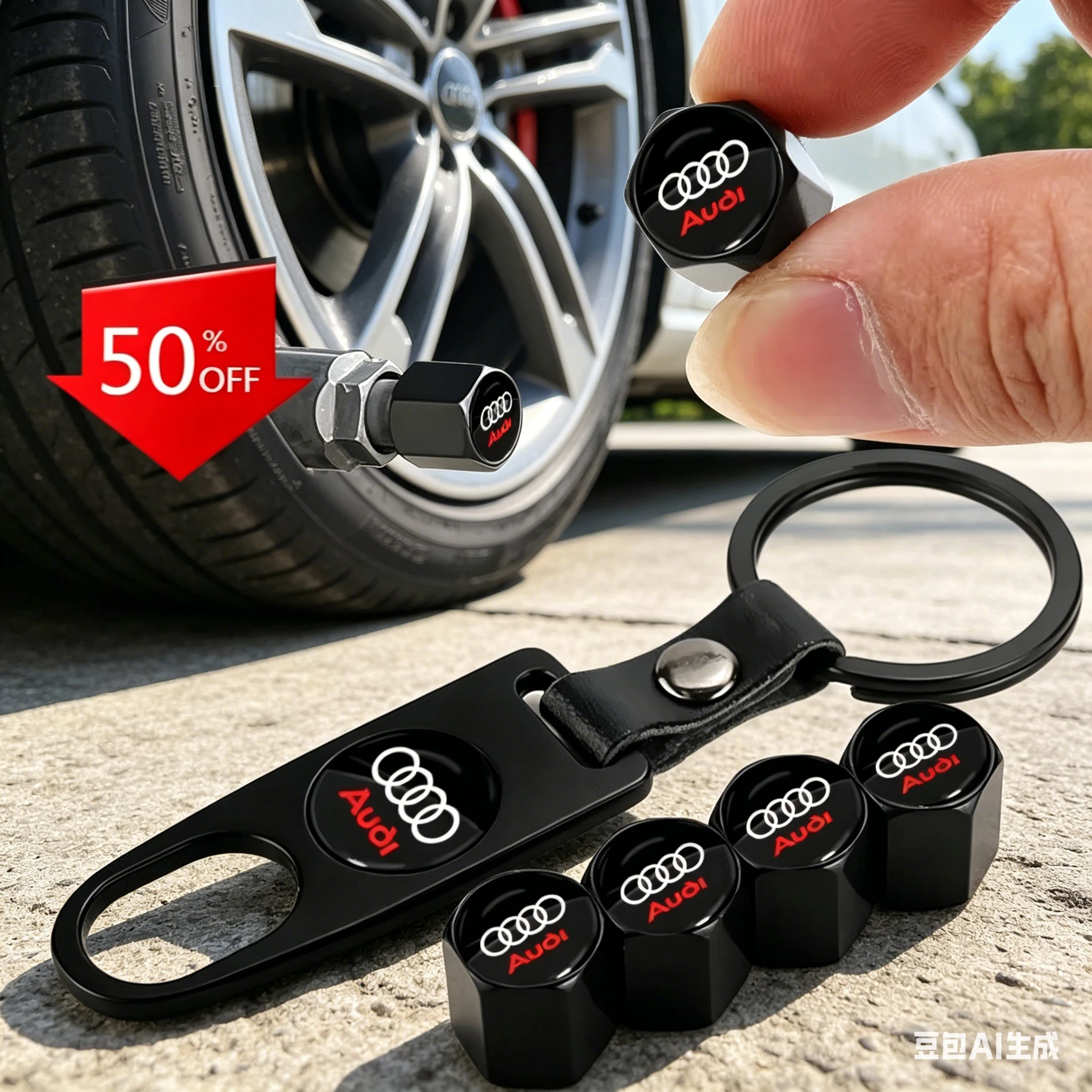 1Pc Keychain Key Ring + 4Pcs Tire Dust Cap with Logo For Audi A8 A5 A6 C5 C6 C7 A7 A1 A3 A4 B5 B6 B7 B8 B9 D3 Q3 Q5 Q7 TT