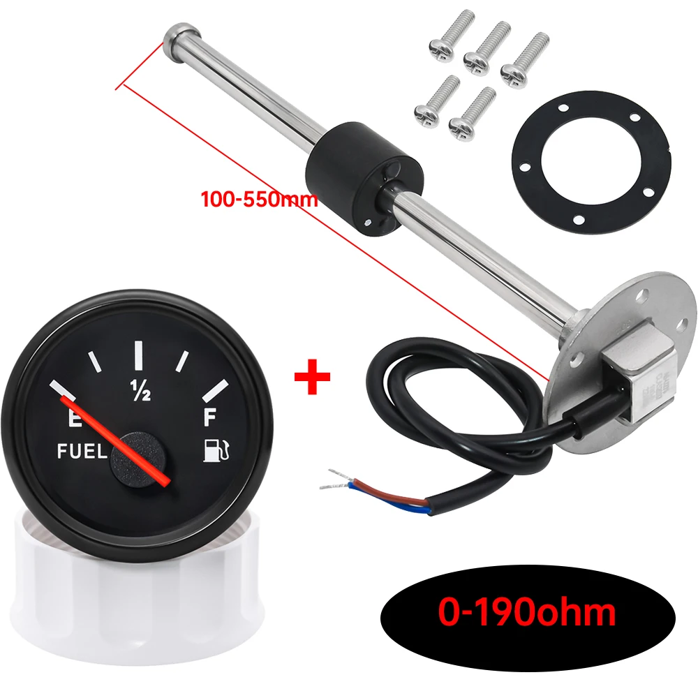 E-1/2-F Fuel Tank Level Gauge Red Backlight 0~190 Ohm with  Indicator Tank Meter Sensor 100mm-600mm Pointer + Fuel Gauge