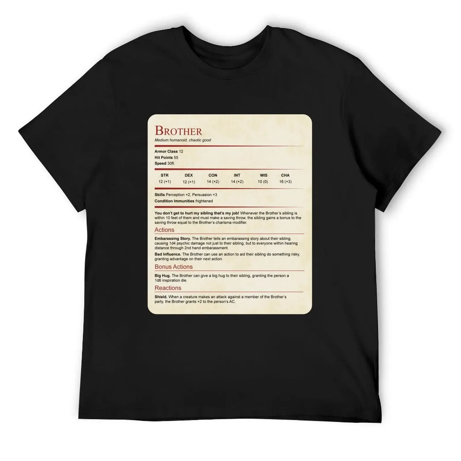 D&D Brother Stat Block Gift T-Shirt oversized t shirt cheap stuff mens graphic t-shirts big and tall