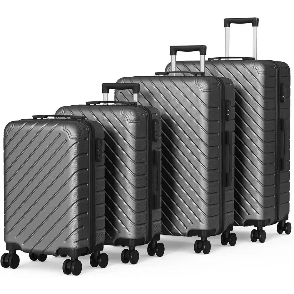 Travel Hardshell Luggage Set with Spinner Wheels, Carry-On Size, Includes Cover and Hanger (Black Wave Design)