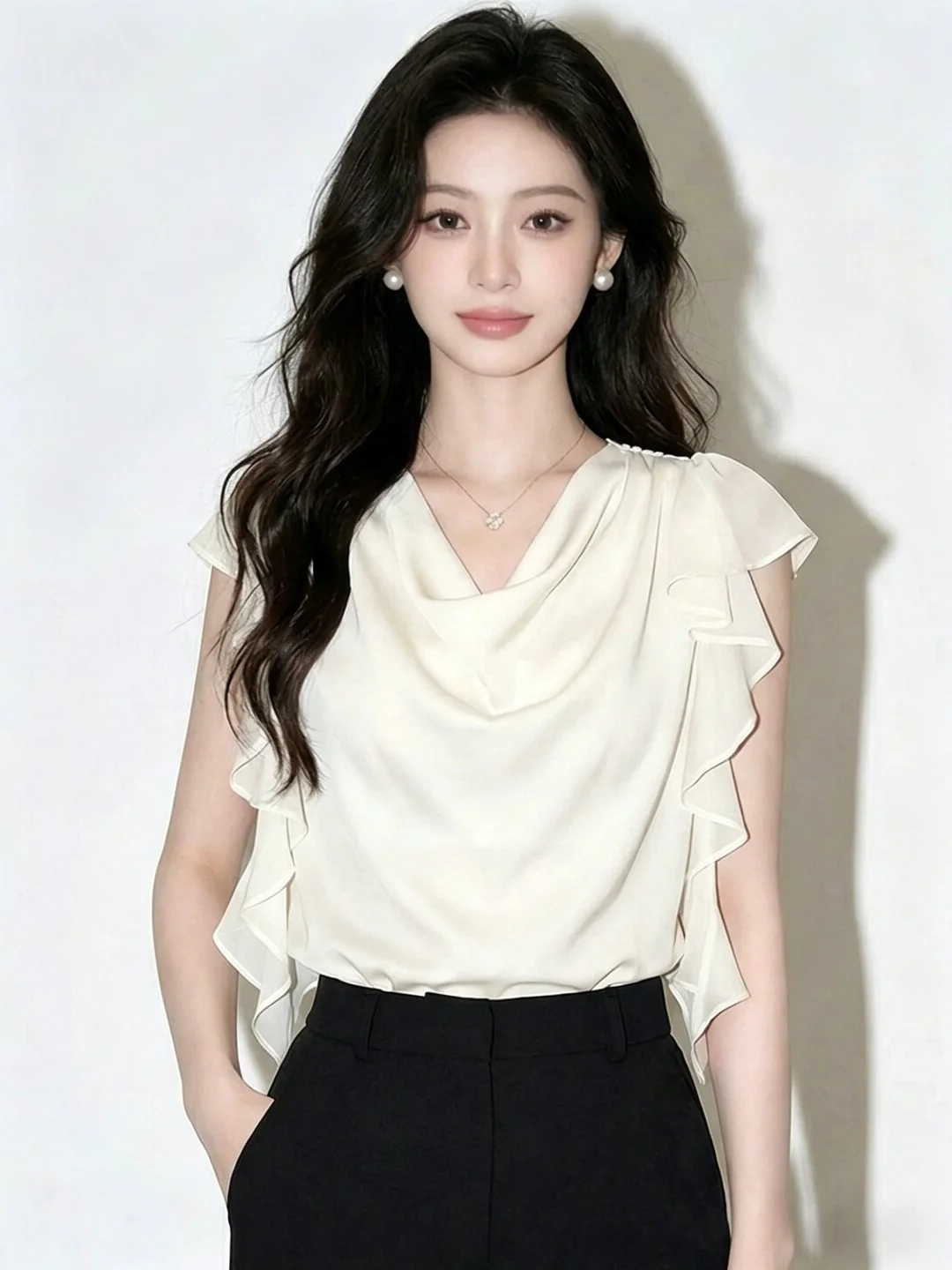 

Chic Ruffle Collar Blouse Commute Style Women's Light Maturity Fashion Summer Versatile Design Sensation Short Sleeve Top