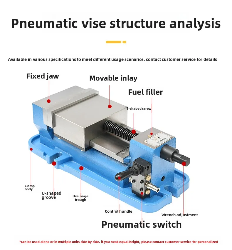 6 Inch Pneumatic Vise - Flat Nose, 105MM, for Milling & Machining Center, Fast Fixture