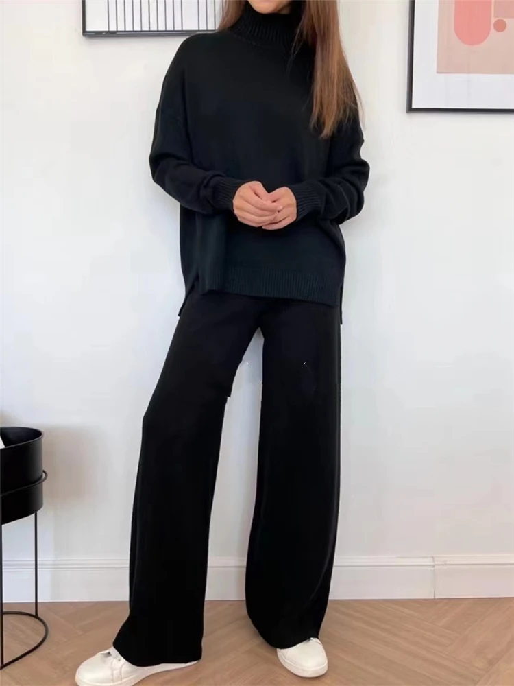 Ensemble 2 pièces pour femme, survêtement tricoté, pull à col roulé et pantalon de Jogging droit, automne et hiver