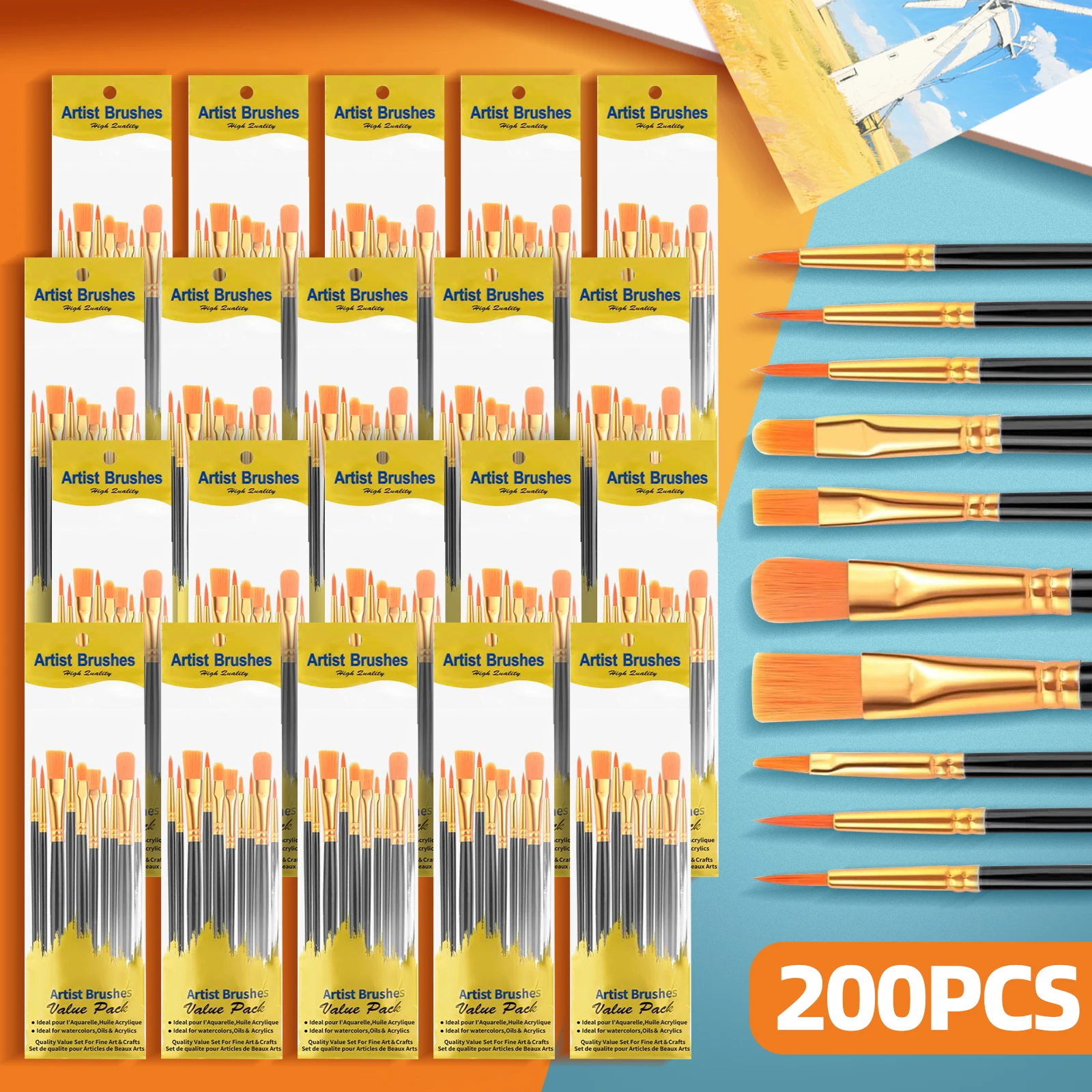 

200Pcs High-Quality Art Painting Watercolor Gouache Oil Brush Multi-color Multi-functional Nylon Hair Paint Brush Artist Set