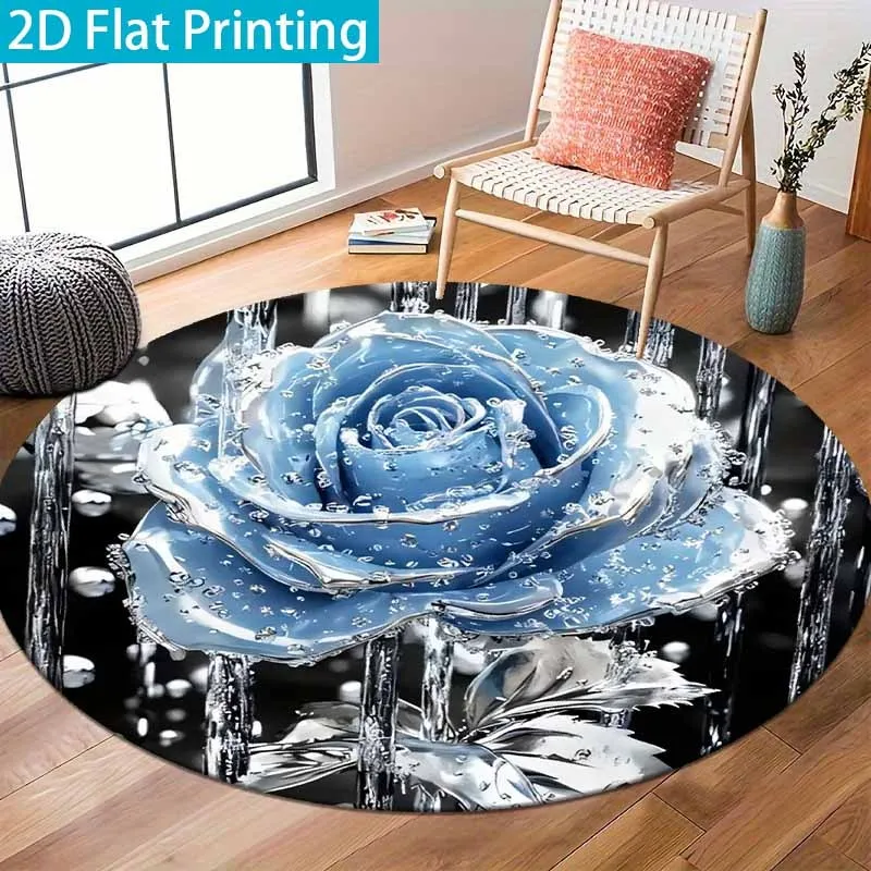 Blue Crystal Rose Round Doormat Glossy Ice Rose with Water Drop Graphic Rug Elegant Floral Style Indoor Home Decor Floor Mat