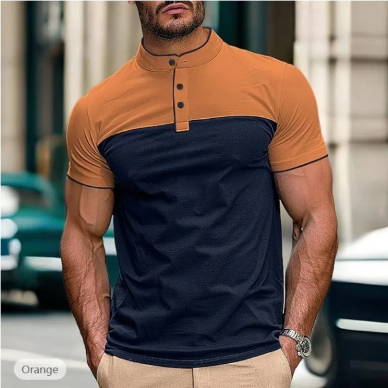 

2024 Best-Selling New Summer Men's New Henry Shirt, Stitching Button Fashion Business men's Street Style Shirt POLO Shirt