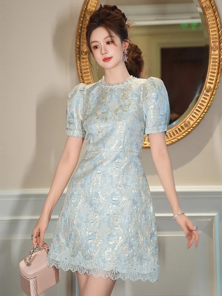 Frauen Kleidung Retro Blau Jacquard Puff Sleeve Spitze Schlank A-Line Mini Kurzes Kleid Elegante Dame Mode Party Vestidos Casual Neue