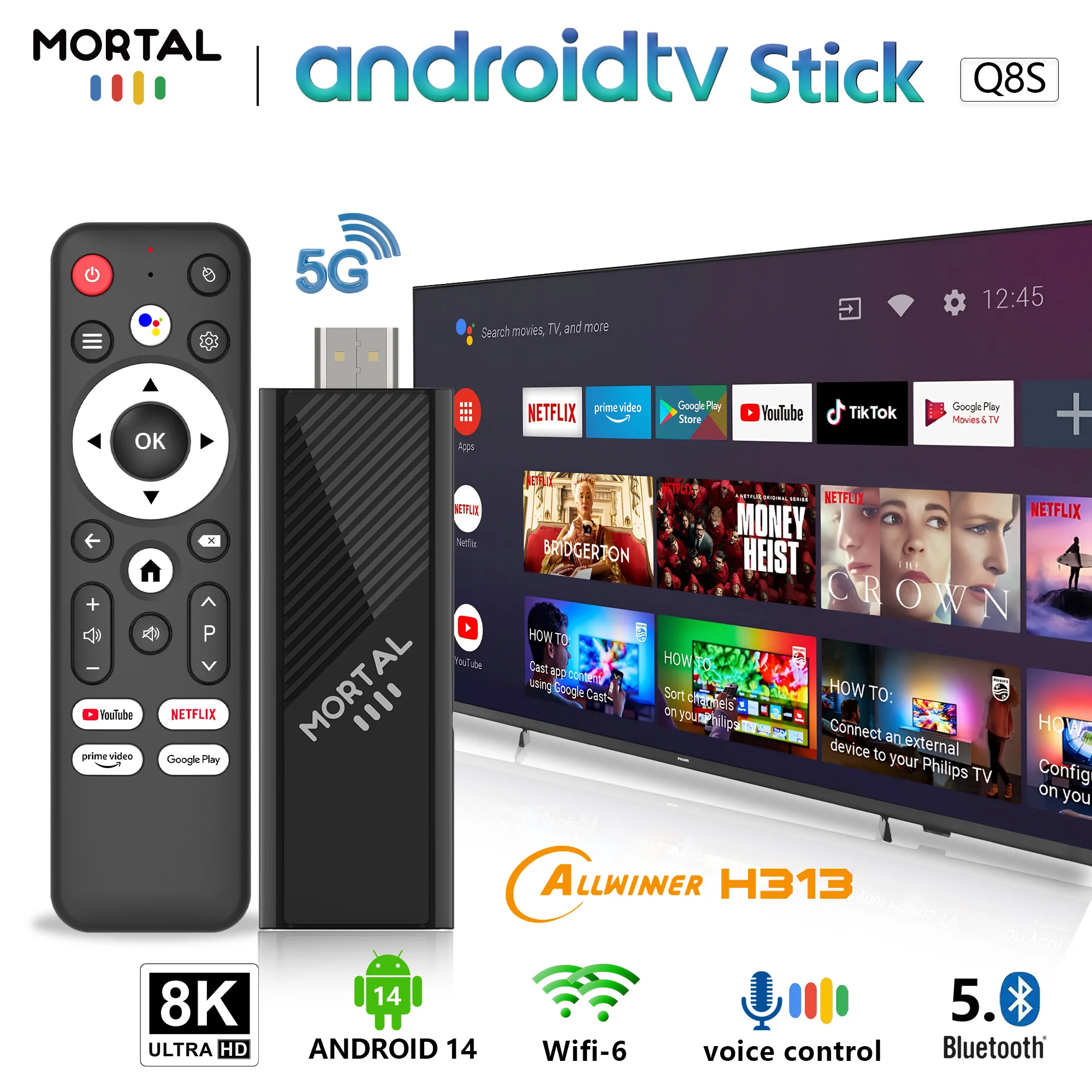 Price de fábrica Android 14.0 TV Stick Mortal Q8S Allwinner H313 Soporte Wifi6 Asistente de voz Netflix YouTube 8K TV decodificador