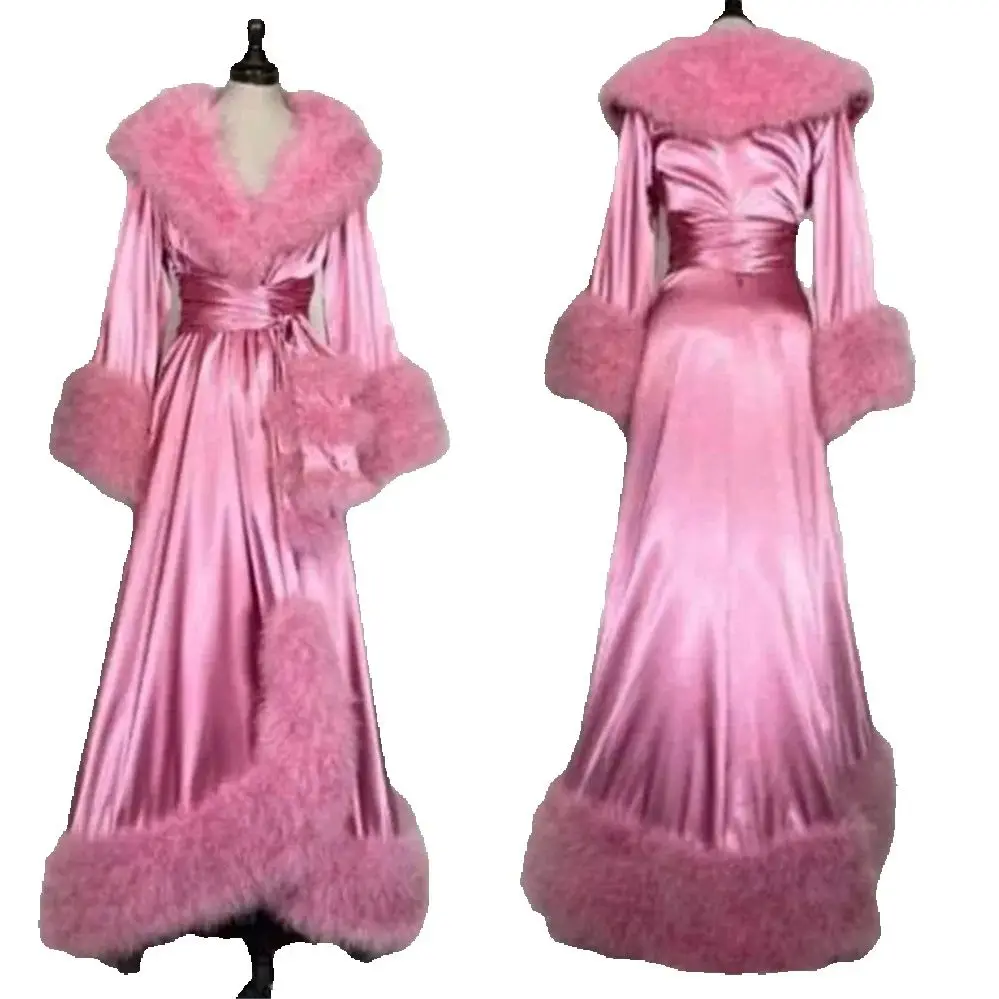 Women's Fur Robes Bathrobe Long Silk Fur Dresses Custom Made Photo Shoot Birthday Party Fluffy Party Sleepwear Custom Made Gown