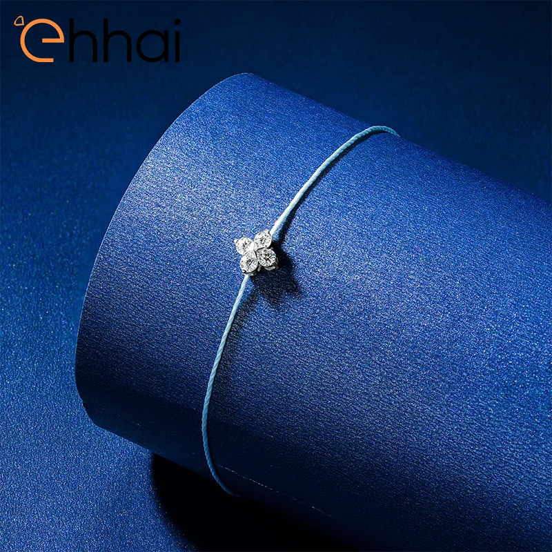 Ehhai GRA Certified 925 Sterling Silver Round Cut Moissanite Clover Blue Red String Bracelet Rope for Women Wedding Jewelry Gift