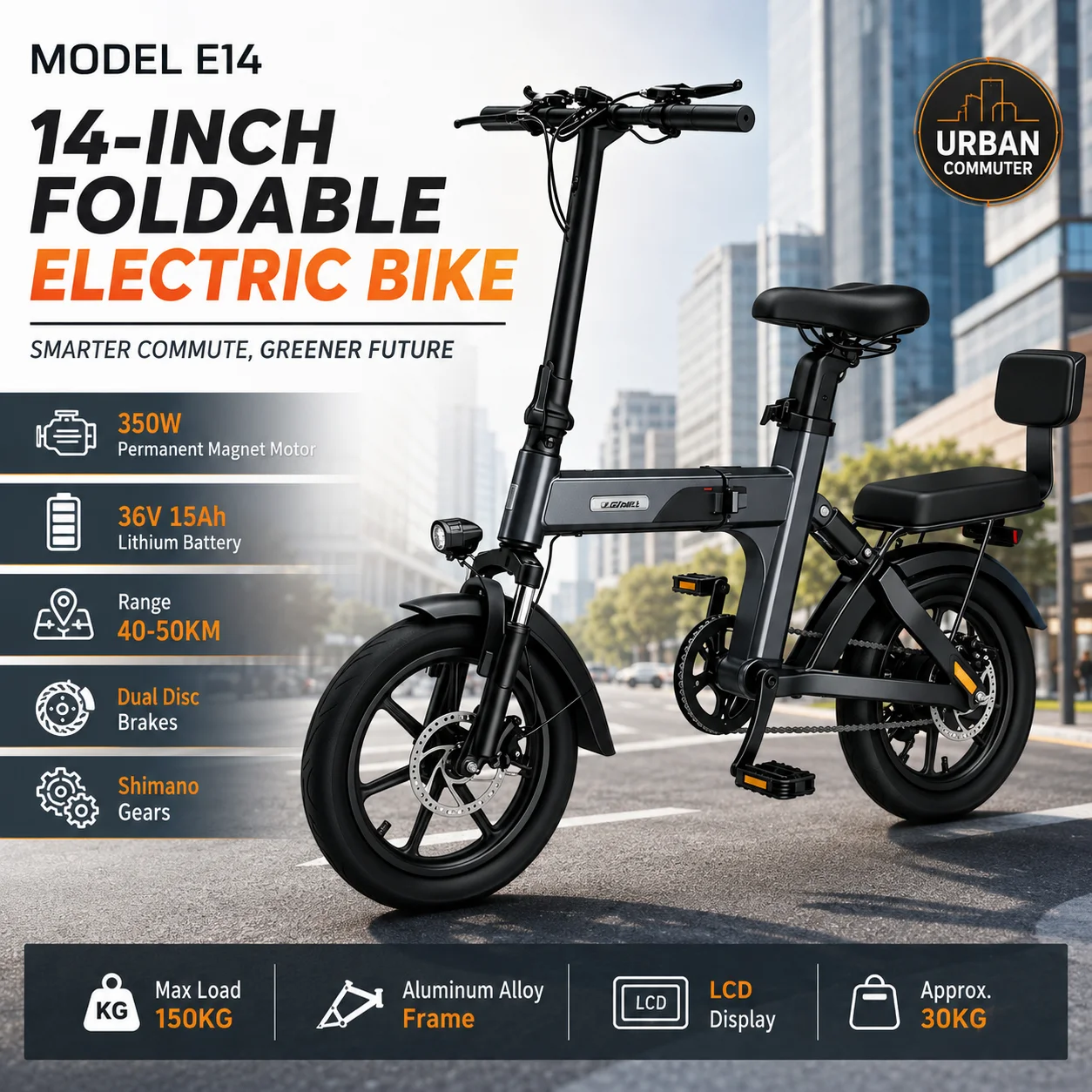 

E14 E-Bike Adult Foldable Electric Bicycle 14 Inch Urban Puncture Resistant Tires 350W Motor 36V 15Ah Battery and 150KG Capacity