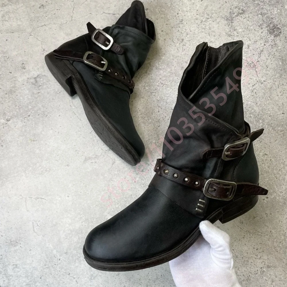 Women's Vintage Distressed Leather Ankle Boots Biker Style Round Toe Chunky Heel Double Buckle Straps Studded Details