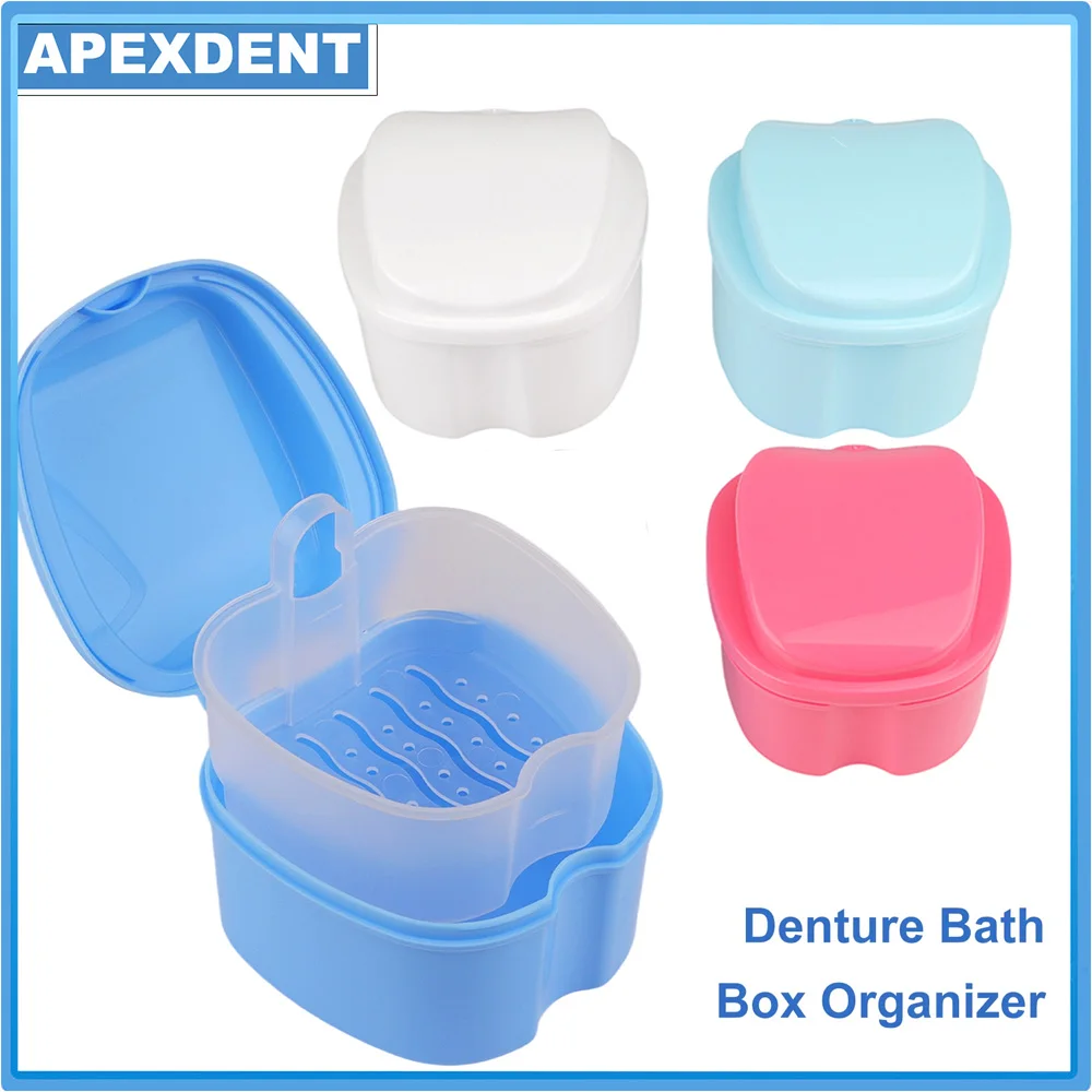 Dental Denture Bath Box With Hanging Net Container 4Colors Cleaning Tooth Storage Boxs Dentistry Accessory Materials