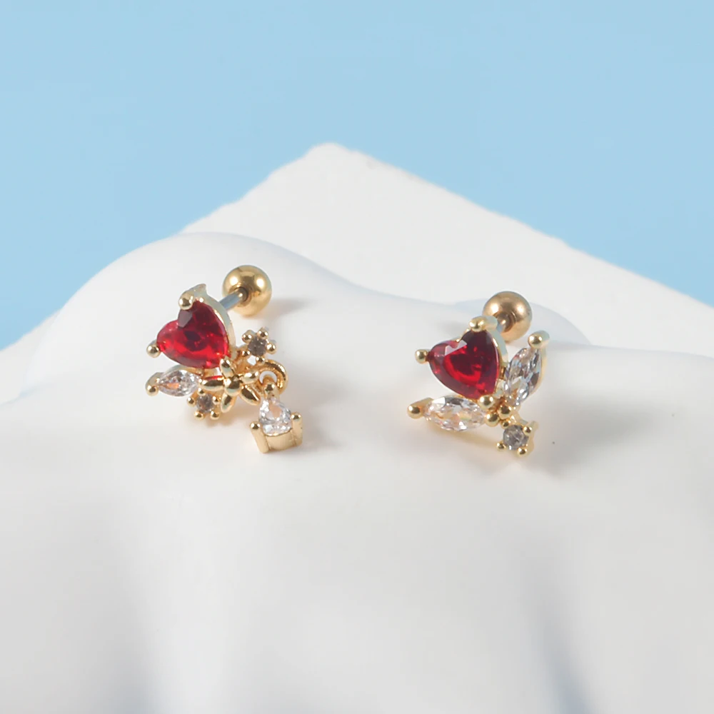 2PCS Surgical Steel Red Zircon Ear Studs Heart-Shaped Bat Evil Tragus Cartilage Screw Ball Earrings For Women Piercing Jewelry