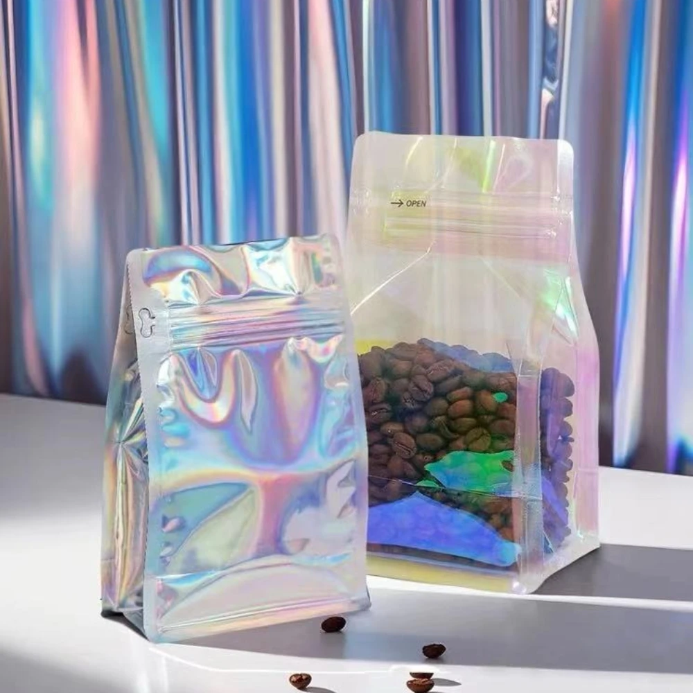 

50pcs Wholesale Holographic Aluminum Foil Bags Moisture Proof Zipper Flat Bottom 250g 500g 1kg Coffee Beans Customized Bag