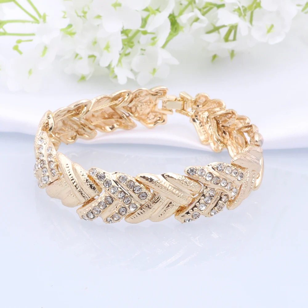 Italian Gold Plated Women Jewelry Set Luxury Design Plant Leaf Necklace Earrings Bracelet Ring Party