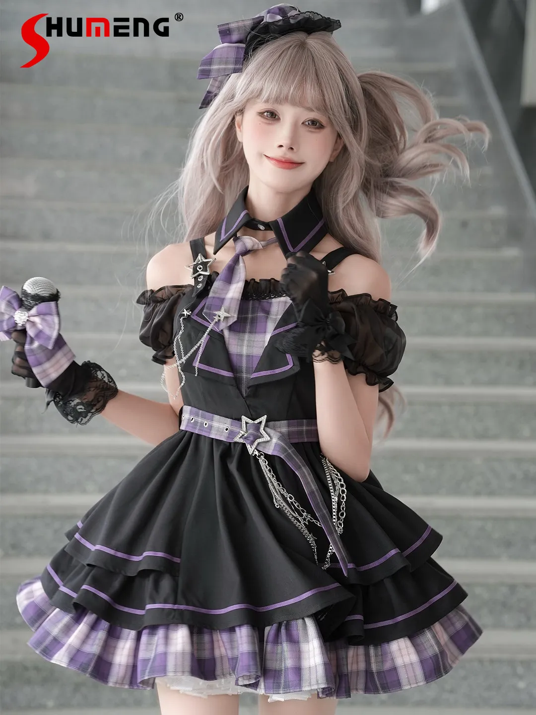 

Японский комплект платьев для девушек: фиолетовое клетчатое платье с открытыми плечами, пышными рукавами, завышенной талией и поясом, плюс гетры, 2 предмета в комплекте для женщин