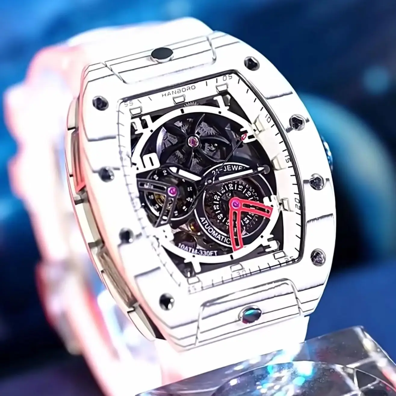HANBORO Men Automatic Watch 42mm Tonneau Mechanical Wristwatch Carbon Fiber 50m aterproof Sapphire Luminous Skeleton Miyota Mov