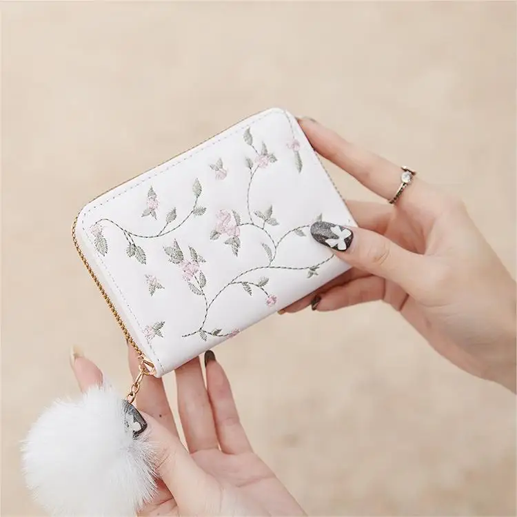 flower Embroidered Women Short Wallet Zipper Chinese Style  Purse Ladies Small Clutch Card Holder Pu Leather Female Coin Purse