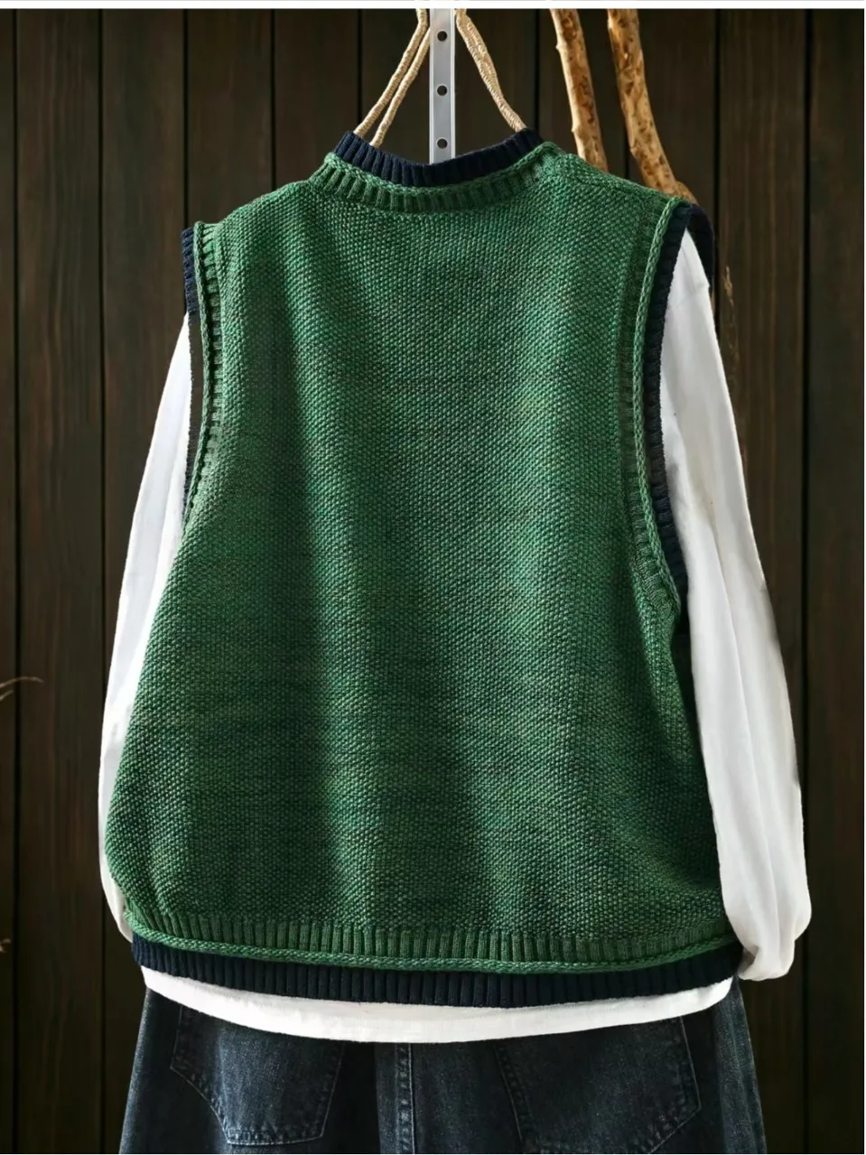 Authentic Knitted Open Cardigan Vest round Neck Loose Casual Outerwear Top Color Block Design Cotton 100% Casual Style